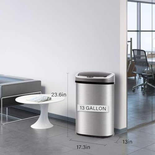 FDW | 13 Gallon Stainless Steel Trash Can with Lid | Steel | Automatic Touchless Lid with Motion Sensor | Kitchen Garbage Can with Waterproof Design | for Home, Office, Bathroom - color: Stainless Steel, style: Stainless Steel