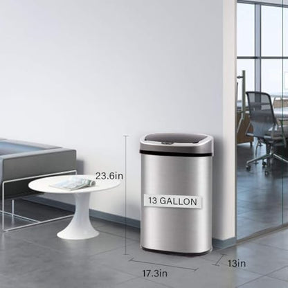 FDW | 13 Gallon Stainless Steel Trash Can with Lid | Steel | Automatic Touchless Lid with Motion Sensor | Kitchen Garbage Can with Waterproof Design | for Home, Office, Bathroom - color: Stainless Steel, style: Stainless Steel