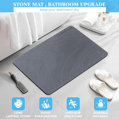 2 Pack Stone Bath Mat Diatomaceous Earth Shower Mat - Grey Wave Design Non Slip Super Absorbent Diatomite Stone Mats for Bathroom Floor Quick-Drying Easy to Clean (24 x 16 Inch)