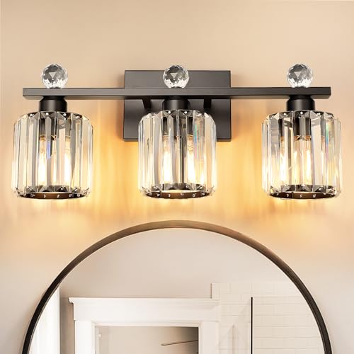 3-Light Black Modern K9 Crystal Vanity Lights, Black Bathroom Light Fixtures Stainless Steel Crystal Vanity Light Fixture | Black Bathroom Light Fixtures Stainless Steel Crystal Vanity Light Fixture - color: Black, size: Linear-3-Light