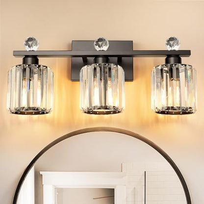 3-Light Black Modern K9 Crystal Vanity Lights, Black Bathroom Light Fixtures Stainless Steel Crystal Vanity Light Fixture | Black Bathroom Light Fixtures Stainless Steel Crystal Vanity Light Fixture - color: Black, size: Linear-3-Light