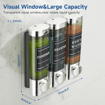Unisense Shower Soap Dispenser 3 Chamber No Drill Shampoo and Conditioner Dispenser Wall-Mounted Shampoo Dispenser for Shower Wall Mounted Shower Dispenser for Bathroom Hotel Large Capacity,Chrome - color: Chrome
