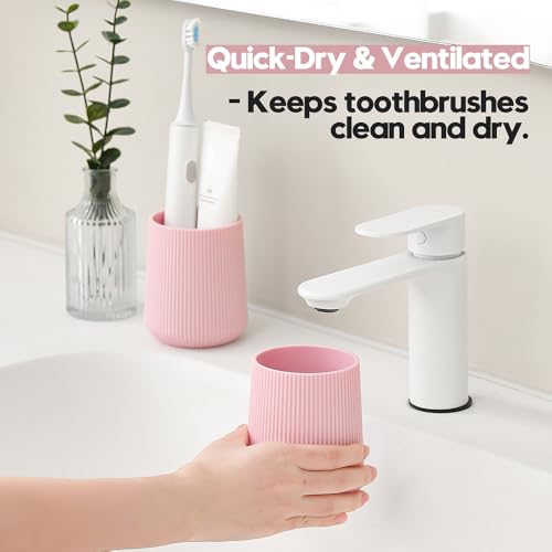 YAUKPH Pink Striped Toothbrush Holder | for Electric Toothbrushes Bathroom Organizer Cup for Toothpaste Kids & Adults - color: Pink Ribbed