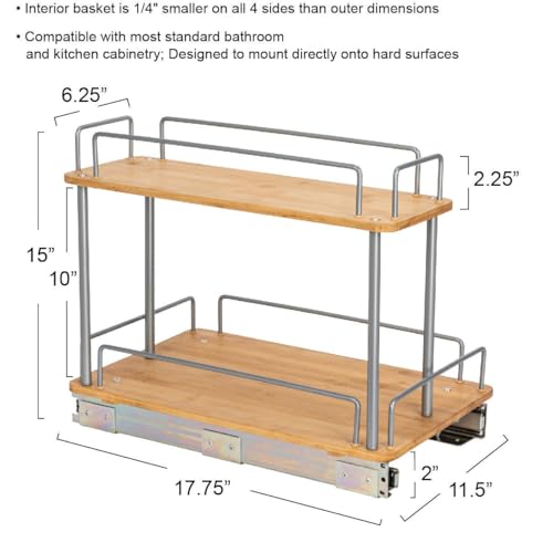 Household Essentials Bamboo and Silver Iron Two-Tier Slide-Out Organizer - size: 11.5", style: Steel Rim Undersink