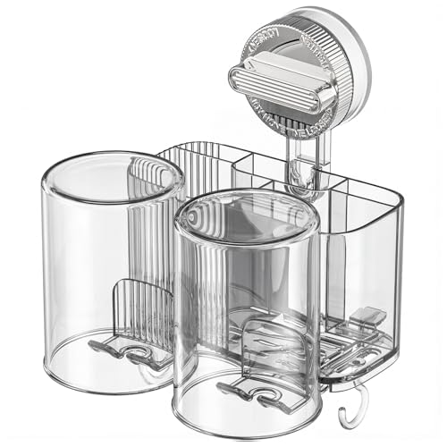 Clear Toothbrush Holder for Bathroom, Multi-Functional 2 Cups Toothbrush Organizer Wall Mounted with 2 Storage Slot and 2 Toothbrush Cups - color: White