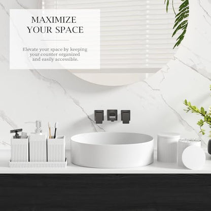 6-Piece White Bathroom Set - Modern Resin Bathroom Accessories Set with Soap Dispenser, Toothbrush Holder, Vanity Tray, Tumbler & Apothecary Jars for Small Spaces - color: White