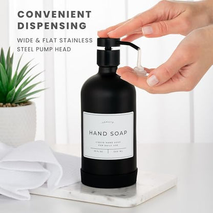 Hand and Dish Soap Dispenser for Kitchen and Bathroom, Set of 2 16 Oz Glass Bottles, Stainless Steel Pumps, Non-Slip Silicone Base, 27 Waterproof Labels (Matte Black Bottle/Black Pump) - color: Matte Black Bottle / Black Pump