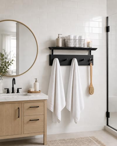 ) Matías Coat Rack Wall Mount with Shelf, 18 Inch Solid Wood Peg Rail, Wall Mounted Coat Rack with 5 Hooks, Wall Mount Shelf for Entryway, Bathroom or Bedroom (Black) - color: Black