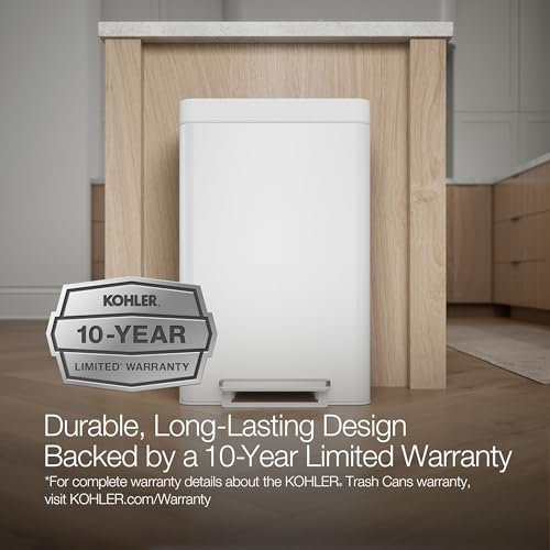 Kohler 20956-STW 11 Gallon Dual Compartment Trash Can, Quiet-Close Lid, Trash Can with Soft-Close and Foot Pedal, Stainless and White - color: White Stainless Steel, size: 11 Gallon - Dual Compartment