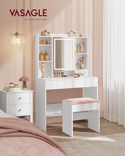 VASAGLE KAILYN Collection - Vanity Desk with Power Outlets, Makeup Vanity with Mirror and Lights, Upholstered Vanity Stool, LED Lights, 6 Compartments, 2 Drawers, for Bedroom, Cloud White URDT031W01 - style: 35.4"W 2 Drawers Vanity Set - Cloud White