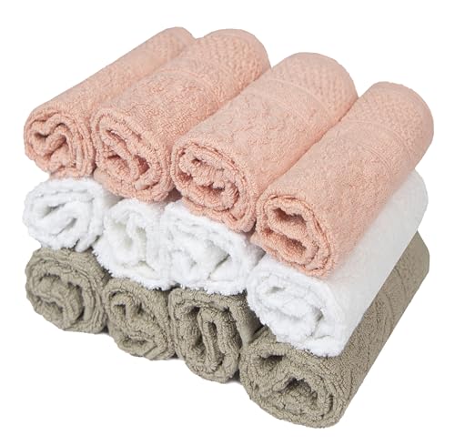 Pleasant Home Chevron Wash Cloths Set - 12 Pack (12” x 12”) – 509 GSM - 100% Ring Spun Cotton Wash Cloth - Super Soft and Highly Absorbent Face Towels (Blush, White & Tan) - color: Blush, White & Tan, style: Chevron