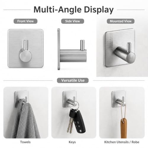 3pcs Adhesive Towel Hooks, Heavy Duty Wall Mount Hanger for Towels Robes Keys, Home Storage for Bathroom Kitchen Closet