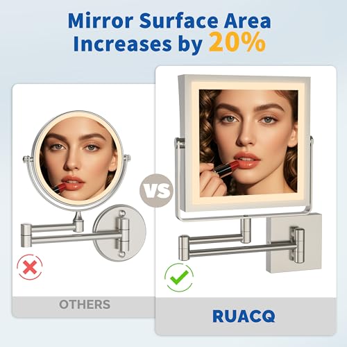 Ruacq Wall Mounted Makeup Mirror with Lights 1X/10X Brushed Nickel | 8",4000mAh Rechargeable,Magnification,3 Color,Touch Screen Dimmable,360° Rotation Extension Foldable Arm, Square, Women Gift - color: Brushed Nickel