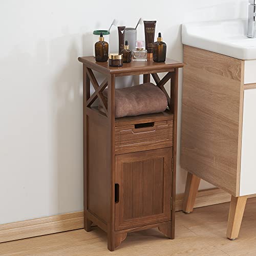 30 Inches Tall End Table, Fully Assembled Bathroom Floor Cabinet with Shelf and Storage, No Assembly Nightstand with Drawer for Bedroom-Walnut | Solid Wood; No Assembly; 30-Inch Tall; Drawer Storage; Slim Bathroom Cabinet; Side & End Table; Floor Storage