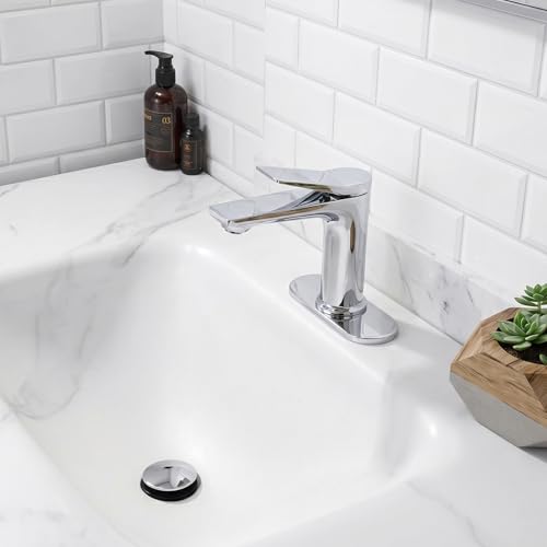 Rbrohant Single Hole Bathroom Faucet, Polished Chrome Single Handle Bathroom Sink Faucets for 1 Hole,Bathroom Vanity Faucet with Pop up Drain and Cover Plate, Deck Mount, R2001-PCP - color: Polished Chrome, style: With Escutcheon