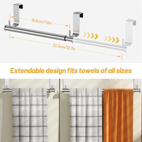VEHHE Stainless Steel Expandable Towel Rack for Under Cabinet, Adjustable Over the Door Towel Rack with Hanging Hooks for Kitchen Cabinet, Bathroom Sponge Hand Towel Storage, Rust Proof Organizer