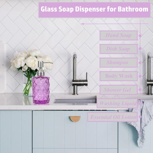 12Oz Purple Glass Soap Dispenser, Liquid Hand Bottle, Stainless Steel Pump | Refillable Clear Kitchen Soap Dispenser with Diamond Design, for Hand soap, Dish Soap, Lotion, Bathroom, Countertop, Hotel - color: Purple Diamond
