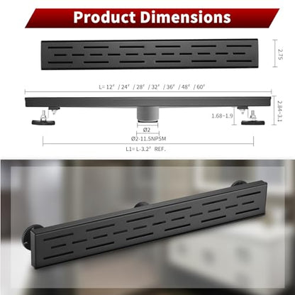 Sharp-tec Linear Shower Drain, 36 inch Shower Drain with Removable Pattern Cover, Matte Black 304 Stainless Steel Rectangle Floor Drain, Adjustable Feet and Hair Strainer Included (Model 101) - color: Matte Black, size: 36 inch