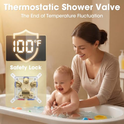 TRUSTMI 10" Shower System with Thermostatic Valve, Rainfall, Brushed Gold | Solid brass system with push-button diverter for waterfall and handheld spray. Anti-scald safety lock protects the family - color: Brushed Gold