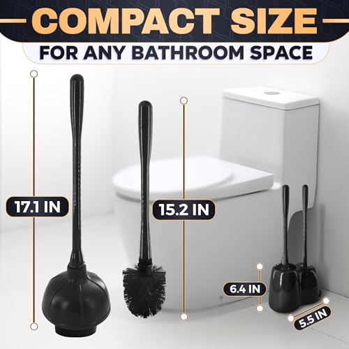 Toilet Brush and Plunger Set, Rubber, 15.2 Inch (Black) | Toilet Bowl Brush, Holder and Plunger, Easy to Place and Simple to Store After Use, Compact Accessory for Small Spaces - color: Black With Plunger