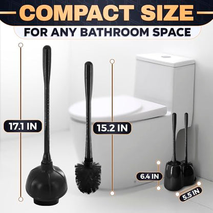 Toilet Brush and Plunger Set, Rubber, 15.2 Inch (Black) | Toilet Bowl Brush, Holder and Plunger, Easy to Place and Simple to Store After Use, Compact Accessory for Small Spaces - color: Black With Plunger