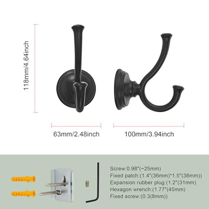 TUNNY Towel Hook Bathroom-2 Pack Matte Black Double Robe/Towel Hook Wall Mounted Hook for Bathroom Bedroom Kitchen - color: Matte Black