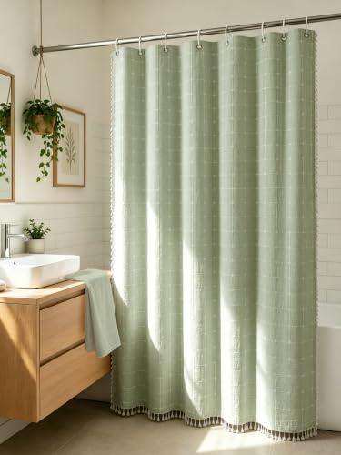 Sage Green Plaid Shower Curtain Farmhouse Checkered Boho Shower Curtains for Bathroom, Rustic Shabby Chic Heavy Duty Bathroom Curtain Set with Tassel -Bohemian Cloth Shower Curtain 71x71 Inch - color: Sage Green, size: 71"W x 71"L (Pack of 1)