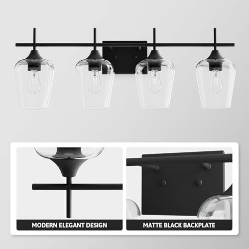 VONLUCE Bathroom Vanity Light, 4 Light Bathroom Light Fixture Over Mirror, Bathroom Wall Lamp with Clear Glass, Modern Black Vanity Lighting fixtures for Bathroom, Bedroom, Hallway | Wine Glass Shades, E26 Sockets, Easy to install, Vanity Lights for Bathr