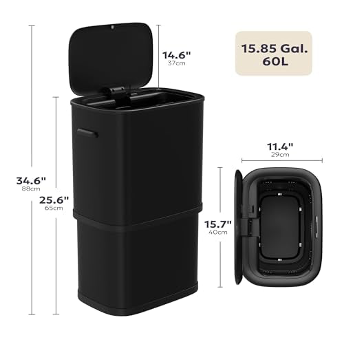 Furnify 16 Gallon / 60L Kitchen Trash Can, Motion Sensor Trash Bin with Lid | Large Capacity Touchless Garbage Waste Bin, Waterproof Brushed Trash Bin, Trash Can for Kitchen Bedroom Bathroom - color: Black