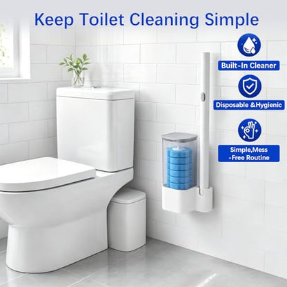 Disposable Toilet Brush with 42 Blue Refills, Toilet Bowl Cleaner Brush with Holder, Wall Mounted Toilet Wand Kit, Deep Cleaning Disposable Scrub Brush Heads