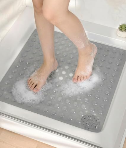 Square Shower Mat Non Slip, 21x21 Inch Square Bathtub Mat for Inside-Shower with Suction Cups Drain Holes, Anti-Slip Bathroom Floor Shower Stall Mats, Soft Bath for Tub, Machine Washable - Gray - color: Gray