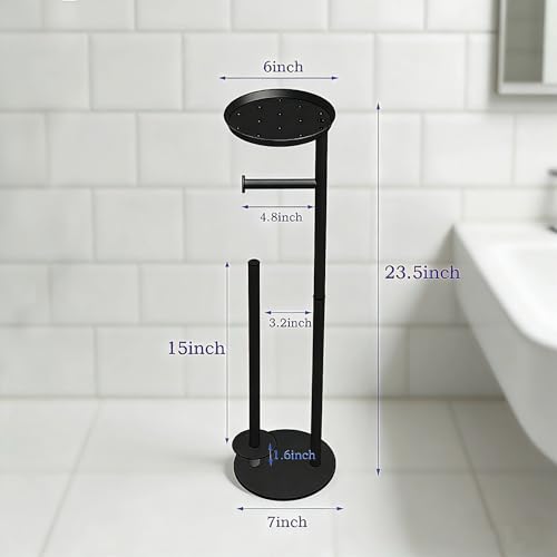 Toilet Paper Holder Black Metal Free Standing Bathroom Paper Holder Stand with Anti-Slip Base and Storage Shelf,Roll Tissue Holder Dispenser for 4 Reserve Rolls