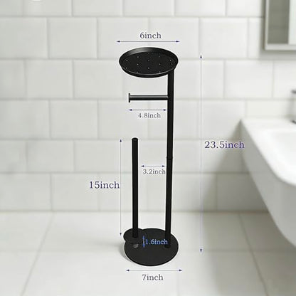 Toilet Paper Holder Black Metal Free Standing Bathroom Paper Holder Stand with Anti-Slip Base and Storage Shelf,Roll Tissue Holder Dispenser for 4 Reserve Rolls