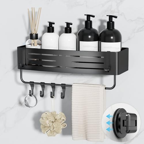 Onemake Suction Cup Shower Caddy, Shower Shelf, Bathroom Organizer, Black | No-drill Rustproof Aluminum Removable Caddy with Hooks, Wall Mounted Shower Organizer, Corner Shampoo Holder for Bathroom - style: 1 Tier-Black Square Caddy