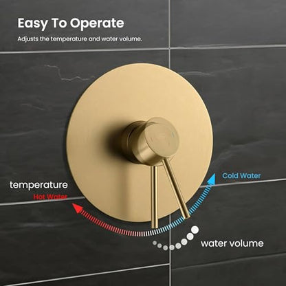 KIBI Wall-Mounted Rain Shower Column, Brass Valve, Brushed Brass, KSC403 | 10-inch Wide-Coverage Head, Single-Spray Handheld, Height-Adjustable Slide Bar, Pressure-Balanced, Leak-Free Rough-in Install - color: Brushed Brass