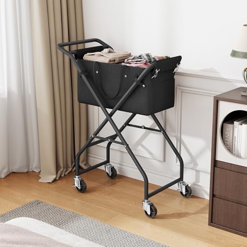 No-Bend Laundry Cart- Rolling Hamper with Locking Wheels & Handle, Foldable Basket Screw-Free Assembly, Durable Metal Frame & Removable Liner Bag for Bedroom & Bathroom (Black) - color: Black