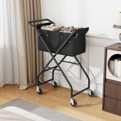 No-Bend Laundry Cart- Rolling Hamper with Locking Wheels & Handle, Foldable Basket Screw-Free Assembly, Durable Metal Frame & Removable Liner Bag for Bedroom & Bathroom (Black) - color: Black