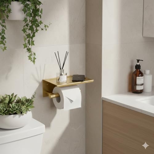 Toilet Paper Holder with Shelf, 304 Stainless Steel PVD Brushed Gold Finish | Wall Mount Toilet Tissue Roll Holder with Shelf for Bathroom Storage, Solid Brass Roll Bar with Knurled Texture Design - color: Pvd Brushed Gold Finish