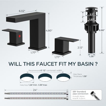 FORIOUS Waterfall Black Bathroom Faucet 3 Hole, 8 Inch Widespread Faucets | Waterfall Bathroom Faucet Widespread, Matte Black Faucet for Bathroom Sink 3 Holes Vanity with Drain and Hoses for Wholesale - color: Matte Black, style: Transitional