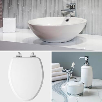 Mayfair Bennett Toilet Seat with Chrome Hinges, Slow Close Wood Seat, Secure Metal Hinges, Easy Install, Made in USA, Round, White - color: Chrome, size: Round