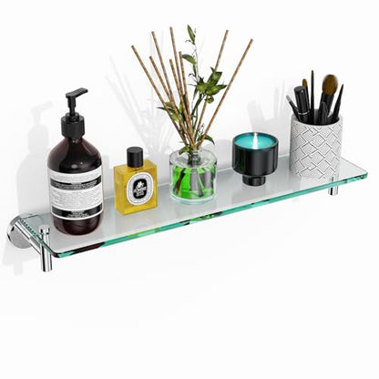 Glass Shelves for Bathroom,20-Inch Chrome Polished Floating Bathroom Shelf Stainless Steel Tempered Glass Shelf Modern Shelves Wall Mounted - color: Chrome Polished, size: 20"without railing