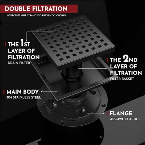 6 Inch Square Shower Floor Drain with Flange,Quadrato Pattern Grate Removable,Food-Grade SUS 304 Stainless Steel,Watermark&CUPC Certified,Matte Black - color: Matte Black, size: 6 Inch