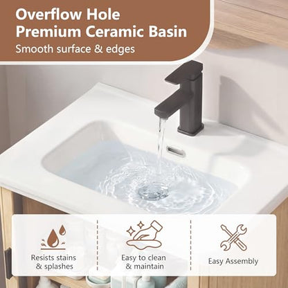 24 Inch Floating Bathroom Vanity with Sink, Wall Mounted Bath Vanity Combo with Fluted Sliding Doors, Small Space Bathroom Cabinet with Ceramic Vessel Sink, Faucet & Drain Included (Natural Oak)
