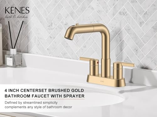 Champagne Bronze Pull Down Centerset Bathroom Faucet 3 Hole 2 Handle | Pull Out Bathroom Faucet with Pop Up Drain & Supply Lines, Lead-Free cUPC & NSF Certified, 4 Inch Faucet for Vanity RV Sink - color: Champagne Bronze