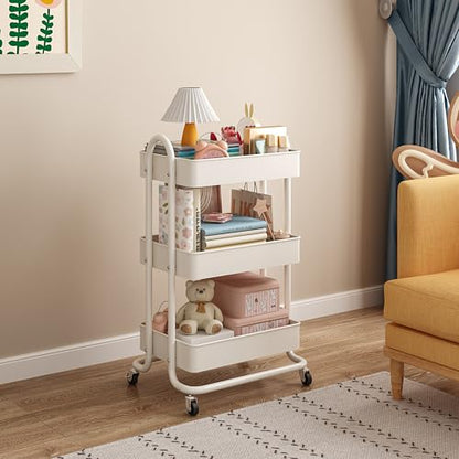 MIOCASA 3-Tier Metal Utility Rolling Cart, Heavy Duty Multifunction Cart with Lockable Casters, Easy to Assemble, Suitable for Office, Bathroom, Kitchen, Garden - style: White