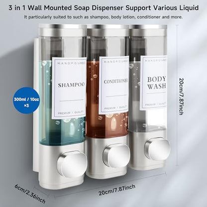 Shampoo and Conditioner Dispenser, 3 Chamber 300ml, Wall Mounted, Silver | Shower Soap Dispenser, Refillable Hand Soap Dispensers, Body Wash Dispenser for Bathroom, Kitchen, Hotel, Home - color: Silver, size: 3 Chamber