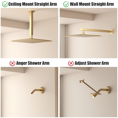 16 In Rain Shower Head High Pressure Rainfall Shower Head Brushed Gold | Square Rain Bathroom Showerhead, High Flow, Large Stainless Steel, Ceiling Mounted, Wall Mounted, Waterfall Full Body - color: Brushed Gold, size: 16 Inch