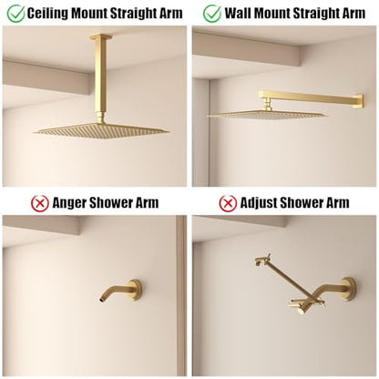 16 In Rain Shower Head High Pressure Rainfall Shower Head Brushed Gold | Square Rain Bathroom Showerhead, High Flow, Large Stainless Steel, Ceiling Mounted, Wall Mounted, Waterfall Full Body - color: Brushed Gold, size: 16 Inch