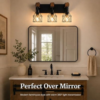 Farmhouse Vanity Light Fixture,3-Light Bathroom Lighting,Black Industrial Wood Wall Light Over Mirror with Metal Shade,Bulbs NOT Included - color: Black, size: 3-Light-Wide 18"