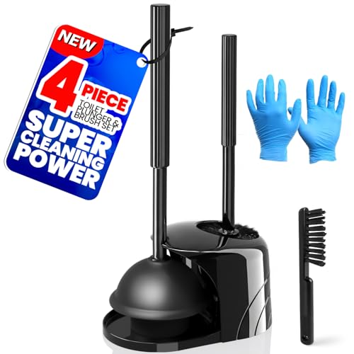 4in1 Toilet Plunger and Brush Set - Home Bathroom Cleaning Tools | 21", Groove Gap Brush, Cleaning Gloves, Heavy Duty Toilet Bowl Cleaner, Apartment Must Haves Bathroom Decor Accessories - color: Black